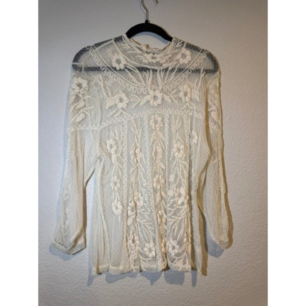 SUNDANCE Sheer Embroidered High Neck Boho Festival Lace Stretchy Cream Floral XL - Picture 2 of 7